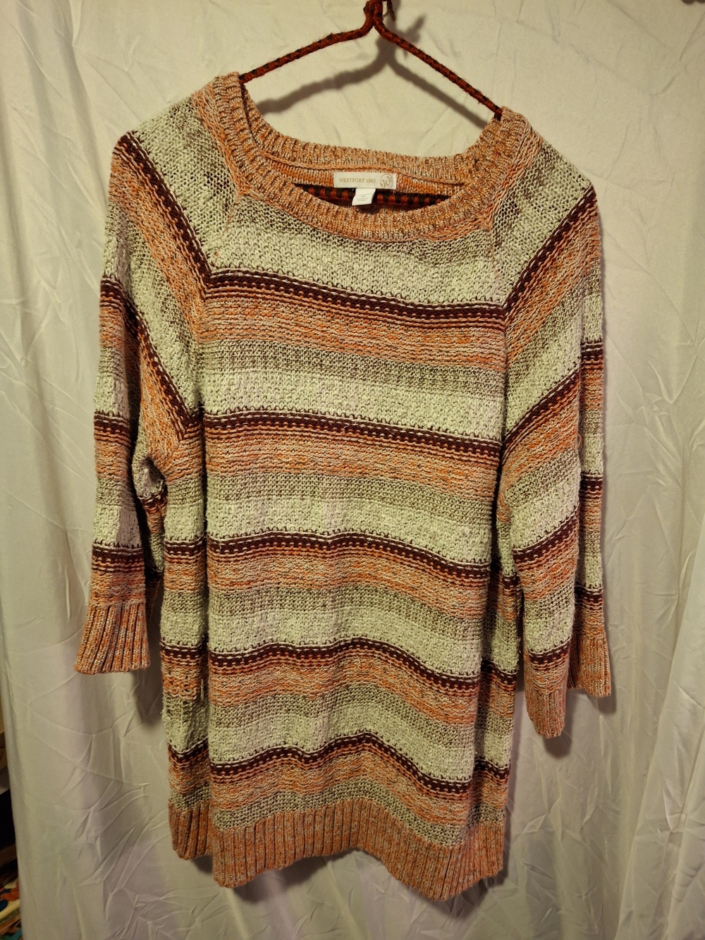 Westport 1962 Striped Crewneck 1X Sweater in Cream, Orange & Maroon